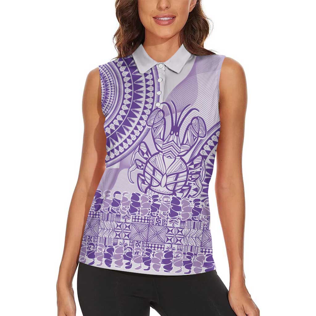 Purple Niue Language Week Women Sleeveless Polo Shirt The Rock Coconut Crab - Siapo Pattern