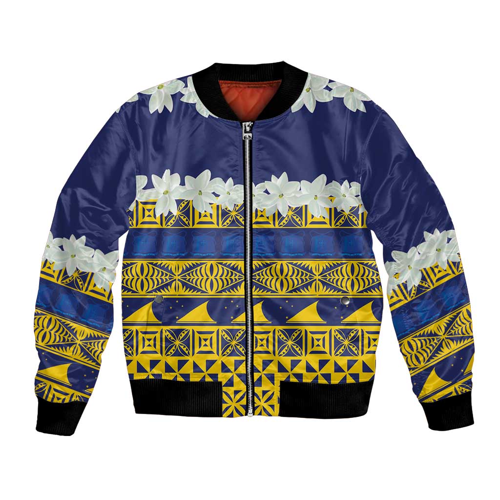 Tokelau Language Week Bomber Jacket Tokelauan Tuluma With Gardenia Thunbergia LT14 Unisex Blue - Polynesian Pride