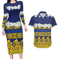 Tokelau Language Week Couples Matching Long Sleeve Bodycon Dress and Hawaiian Shirt Tokelauan Tuluma With Gardenia Thunbergia LT14 Blue - Polynesian Pride