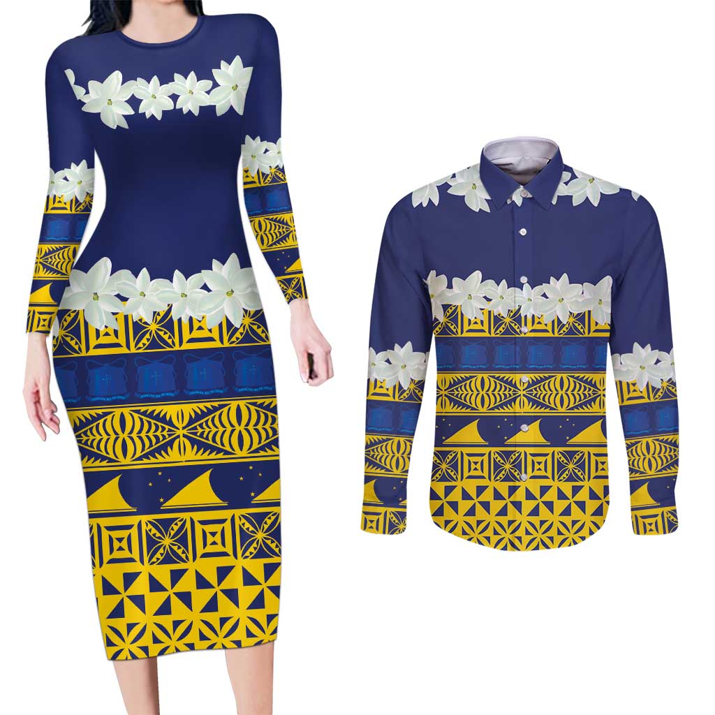 Tokelau Language Week Couples Matching Long Sleeve Bodycon Dress and Long Sleeve Button Shirt Tokelauan Tuluma With Gardenia Thunbergia LT14 Blue - Polynesian Pride