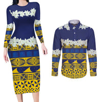 Tokelau Language Week Couples Matching Long Sleeve Bodycon Dress and Long Sleeve Button Shirt Tokelauan Tuluma With Gardenia Thunbergia LT14 Blue - Polynesian Pride