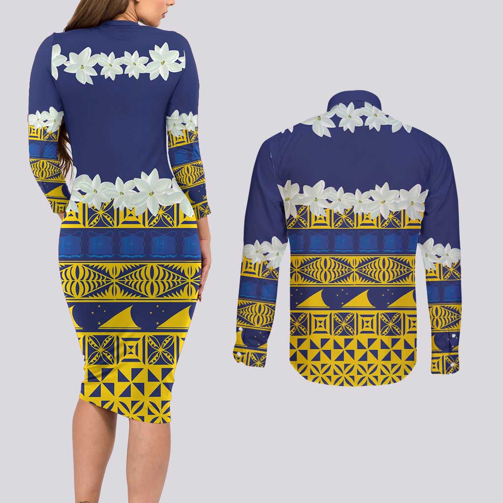 Tokelau Language Week Couples Matching Long Sleeve Bodycon Dress and Long Sleeve Button Shirt Tokelauan Tuluma With Gardenia Thunbergia LT14 - Polynesian Pride