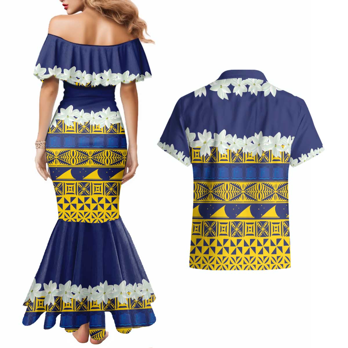 Tokelau Language Week Couples Matching Mermaid Dress and Hawaiian Shirt Tokelauan Tuluma With Gardenia Thunbergia LT14 - Polynesian Pride