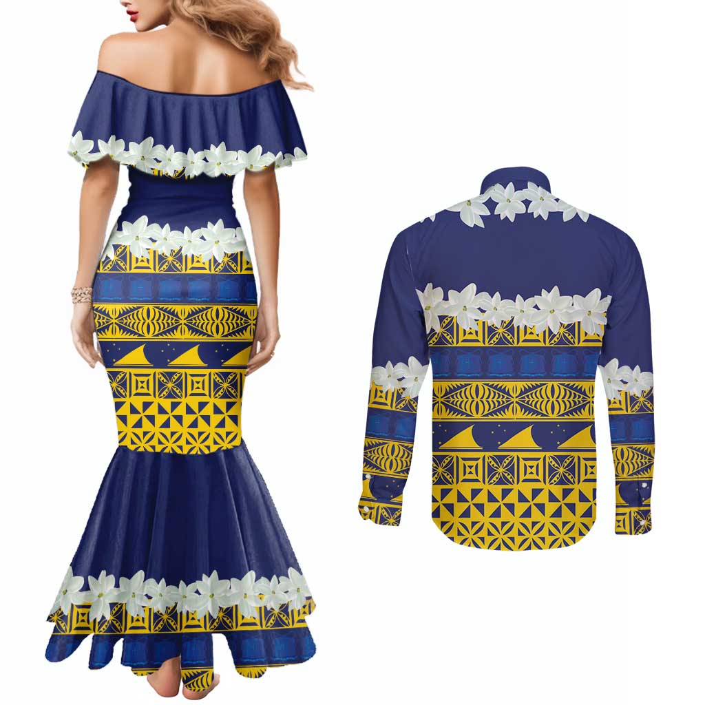 Tokelau Language Week Couples Matching Mermaid Dress and Long Sleeve Button Shirt Tokelauan Tuluma With Gardenia Thunbergia LT14 - Polynesian Pride
