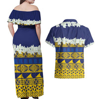 Tokelau Language Week Couples Matching Off Shoulder Maxi Dress and Hawaiian Shirt Tokelauan Tuluma With Gardenia Thunbergia LT14 - Polynesian Pride