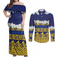 Tokelau Language Week Couples Matching Off Shoulder Maxi Dress and Long Sleeve Button Shirt Tokelauan Tuluma With Gardenia Thunbergia LT14 Blue - Polynesian Pride