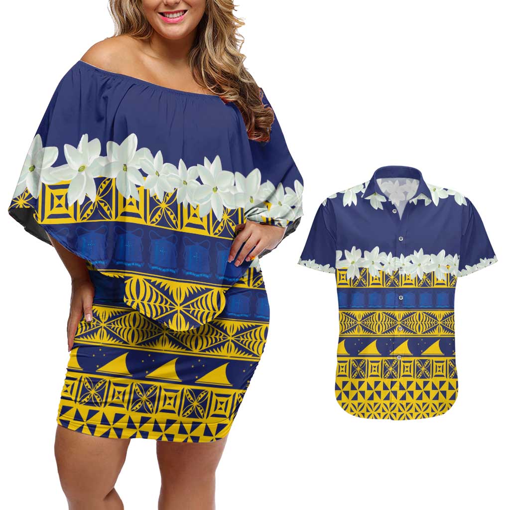 Tokelau Language Week Couples Matching Off Shoulder Short Dress and Hawaiian Shirt Tokelauan Tuluma With Gardenia Thunbergia LT14 Blue - Polynesian Pride