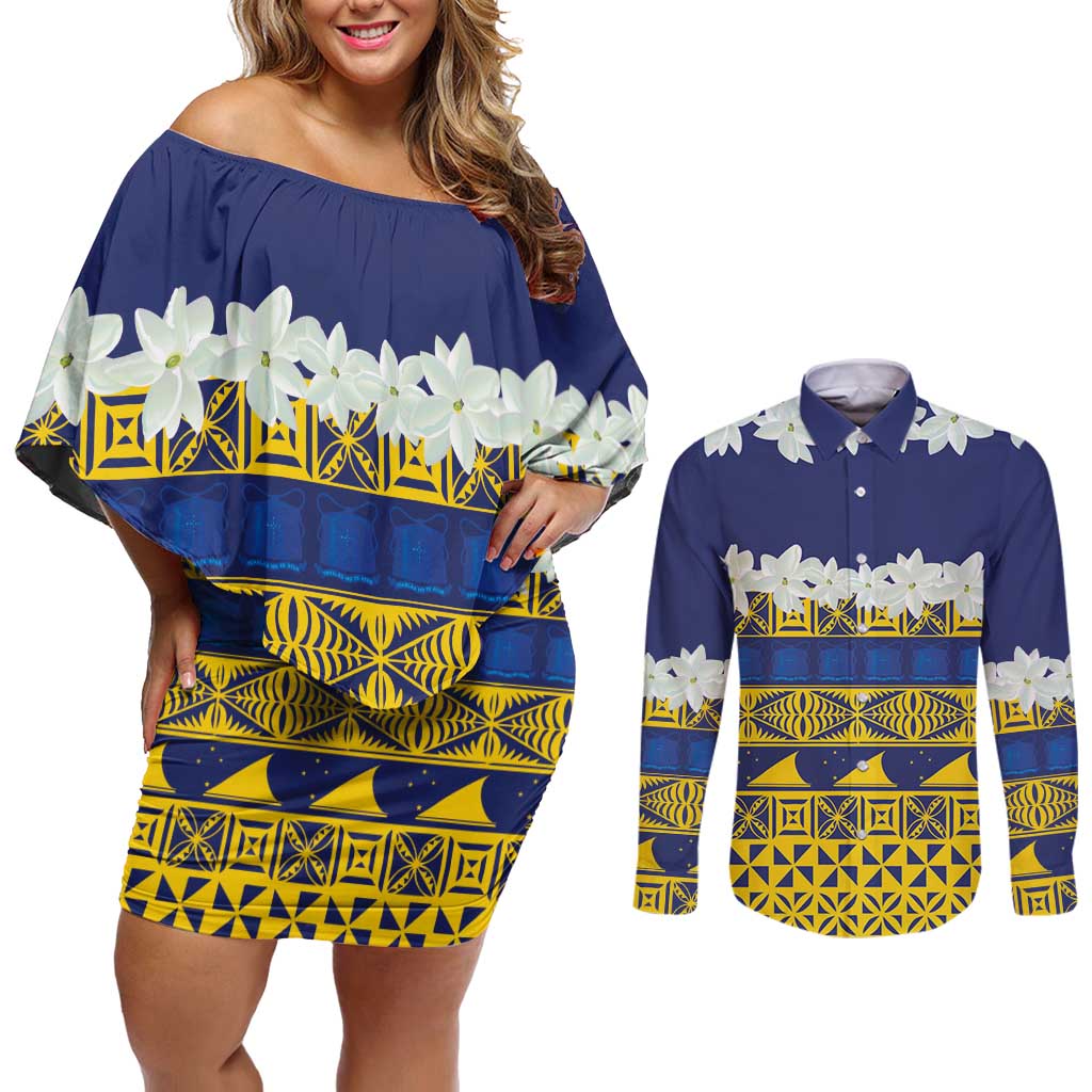 Tokelau Language Week Couples Matching Off Shoulder Short Dress and Long Sleeve Button Shirt Tokelauan Tuluma With Gardenia Thunbergia LT14 Blue - Polynesian Pride