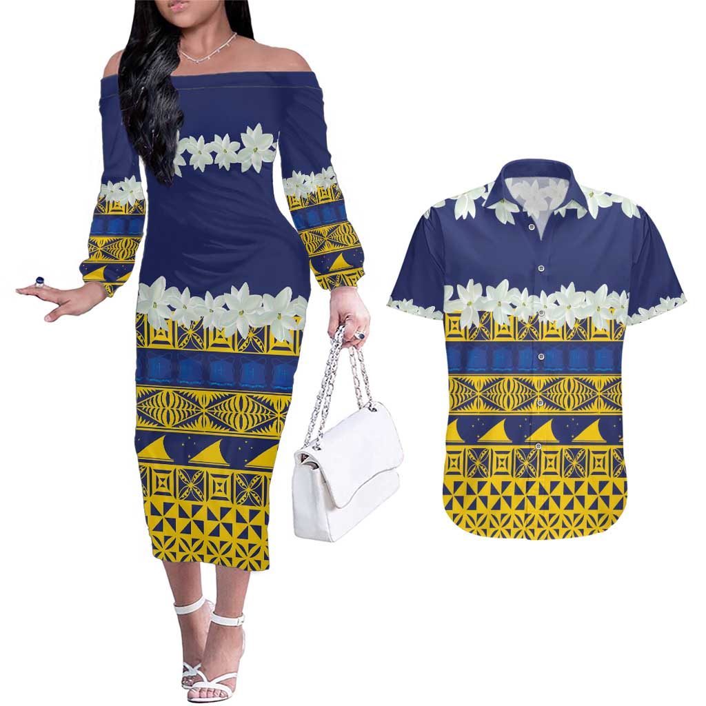 Tokelau Language Week Couples Matching Off The Shoulder Long Sleeve Dress and Hawaiian Shirt Tokelauan Tuluma With Gardenia Thunbergia LT14 Blue - Polynesian Pride