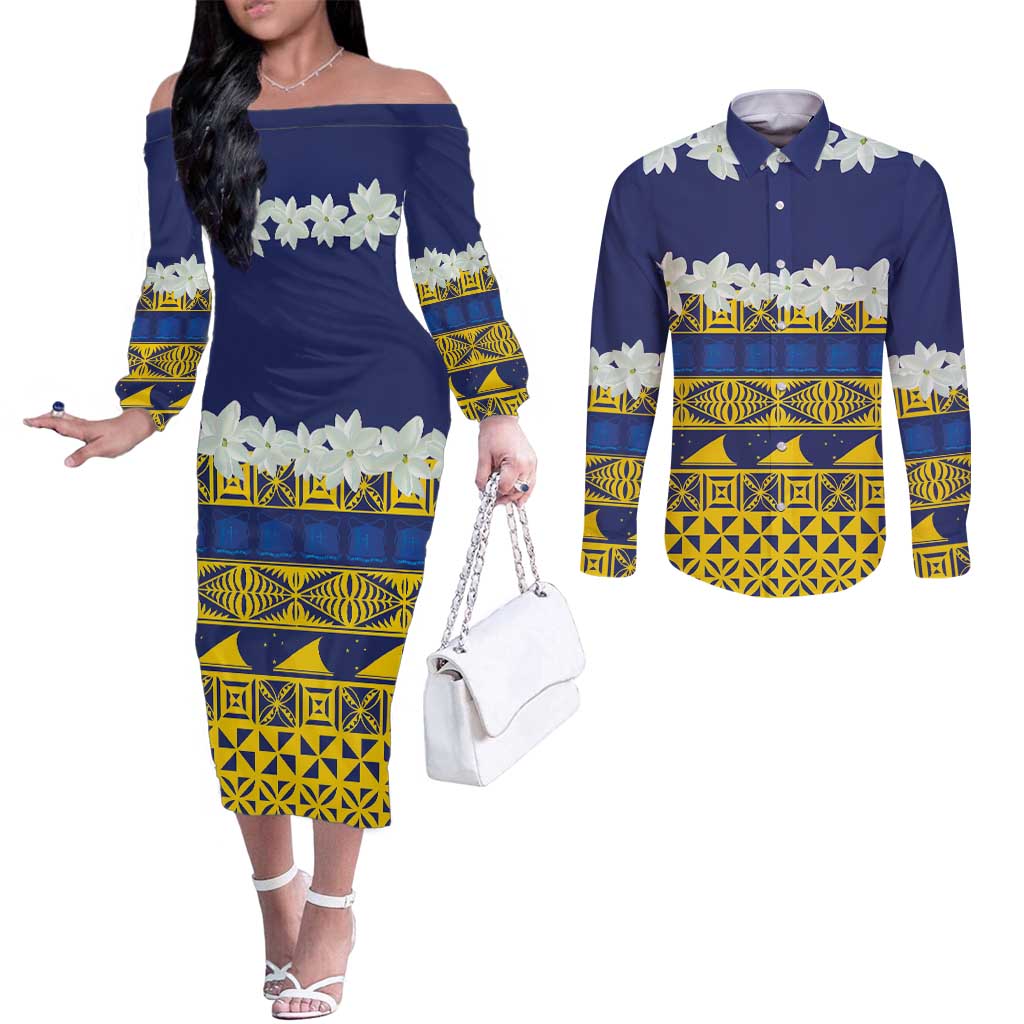 Tokelau Language Week Couples Matching Off The Shoulder Long Sleeve Dress and Long Sleeve Button Shirt Tokelauan Tuluma With Gardenia Thunbergia LT14 Blue - Polynesian Pride