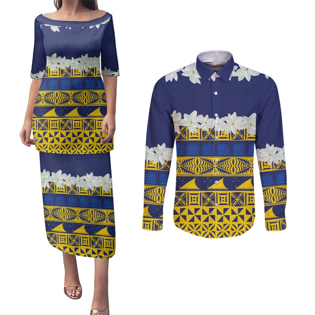 Tokelau Language Week Couples Matching Puletasi and Long Sleeve Button Shirt Tokelauan Tuluma With Gardenia Thunbergia