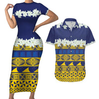Tokelau Language Week Couples Matching Short Sleeve Bodycon Dress and Hawaiian Shirt Tokelauan Tuluma With Gardenia Thunbergia LT14 Blue - Polynesian Pride