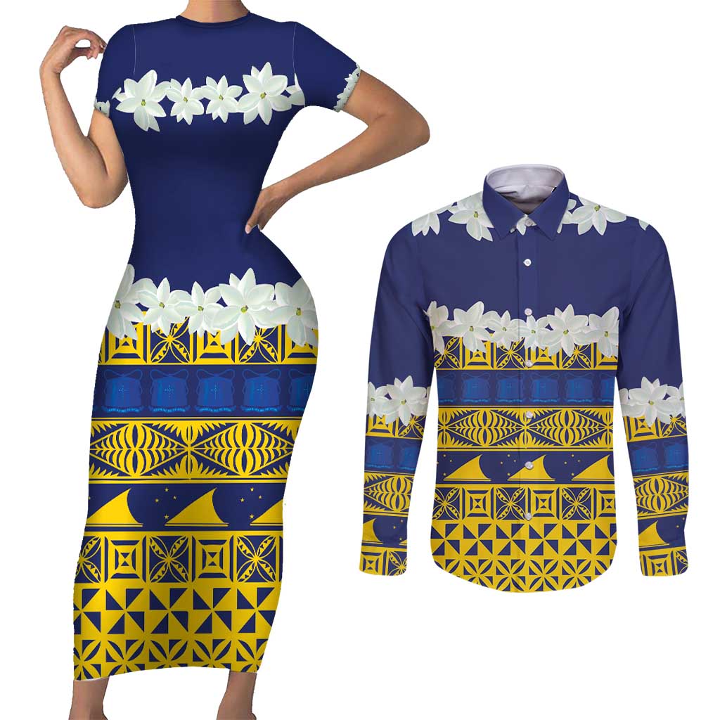 Tokelau Language Week Couples Matching Short Sleeve Bodycon Dress and Long Sleeve Button Shirt Tokelauan Tuluma With Gardenia Thunbergia LT14 Blue - Polynesian Pride