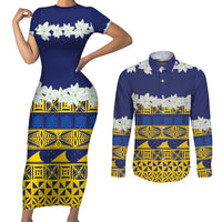 Tokelau Language Week Couples Matching Short Sleeve Bodycon Dress and Long Sleeve Button Shirt Tokelauan Tuluma With Gardenia Thunbergia LT14 Blue - Polynesian Pride