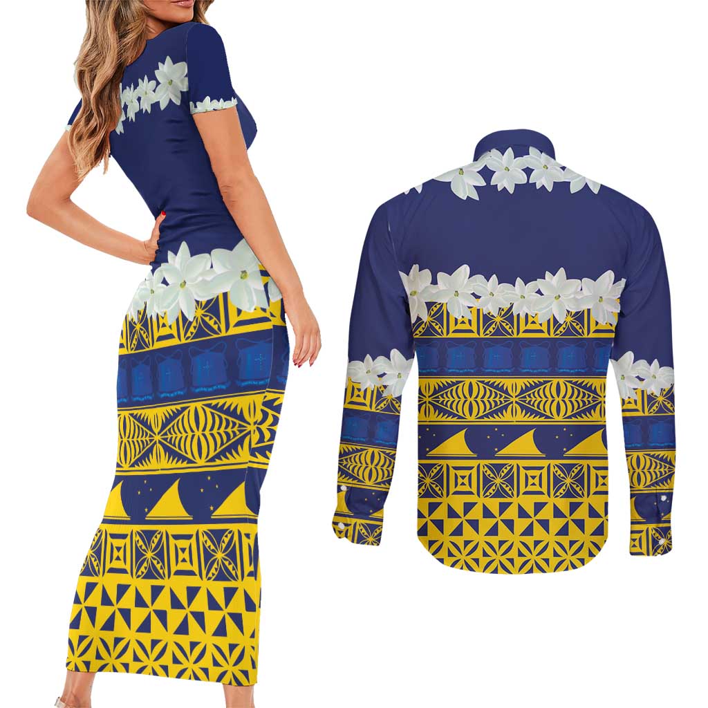 Tokelau Language Week Couples Matching Short Sleeve Bodycon Dress and Long Sleeve Button Shirt Tokelauan Tuluma With Gardenia Thunbergia LT14 - Polynesian Pride