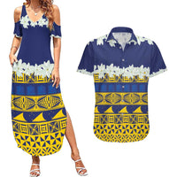 Tokelau Language Week Couples Matching Summer Maxi Dress and Hawaiian Shirt Tokelauan Tuluma With Gardenia Thunbergia LT14 Blue - Polynesian Pride