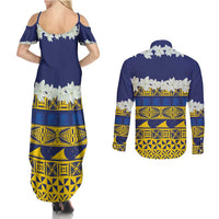 Tokelau Language Week Couples Matching Summer Maxi Dress and Long Sleeve Button Shirt Tokelauan Tuluma With Gardenia Thunbergia LT14 - Polynesian Pride