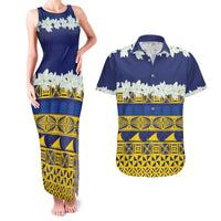 Tokelau Language Week Couples Matching Tank Maxi Dress and Hawaiian Shirt Tokelauan Tuluma With Gardenia Thunbergia LT14 Blue - Polynesian Pride