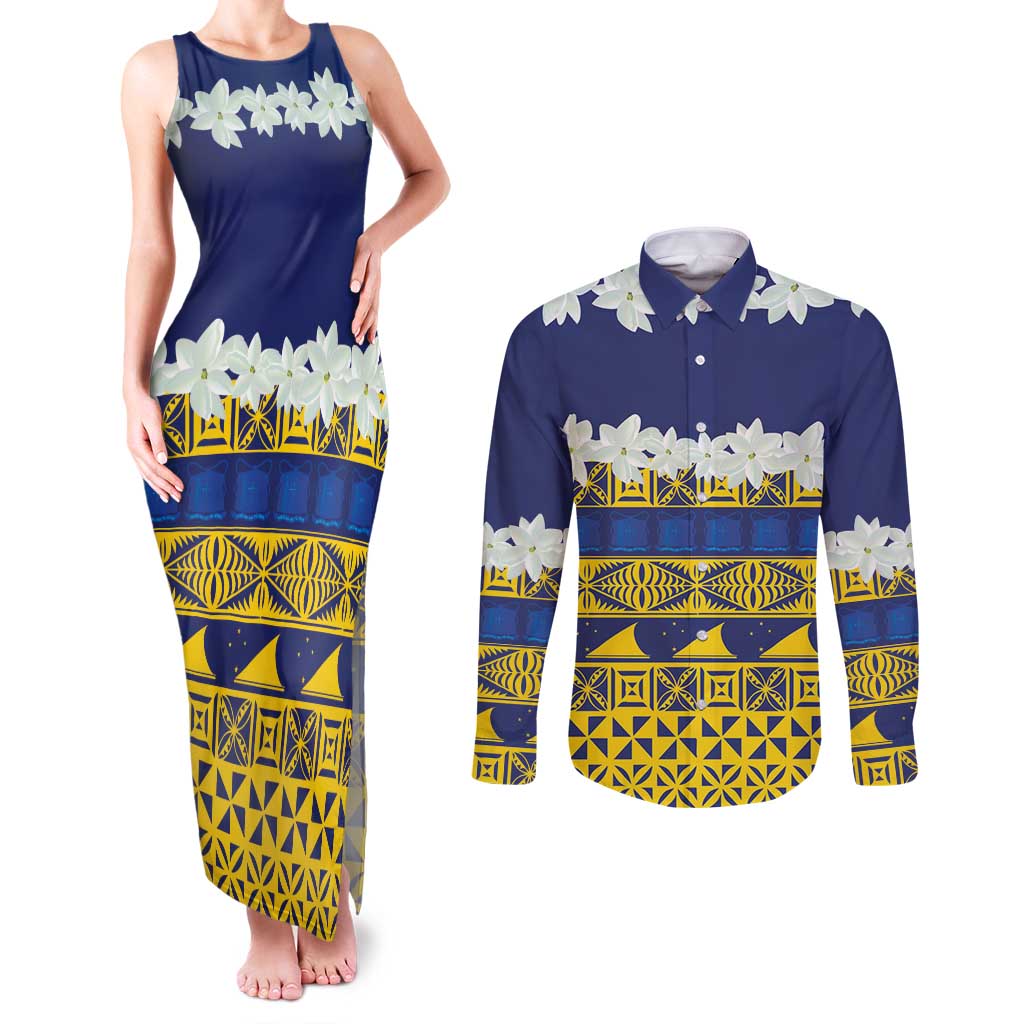 Tokelau Language Week Couples Matching Tank Maxi Dress and Long Sleeve Button Shirt Tokelauan Tuluma With Gardenia Thunbergia LT14 Blue - Polynesian Pride