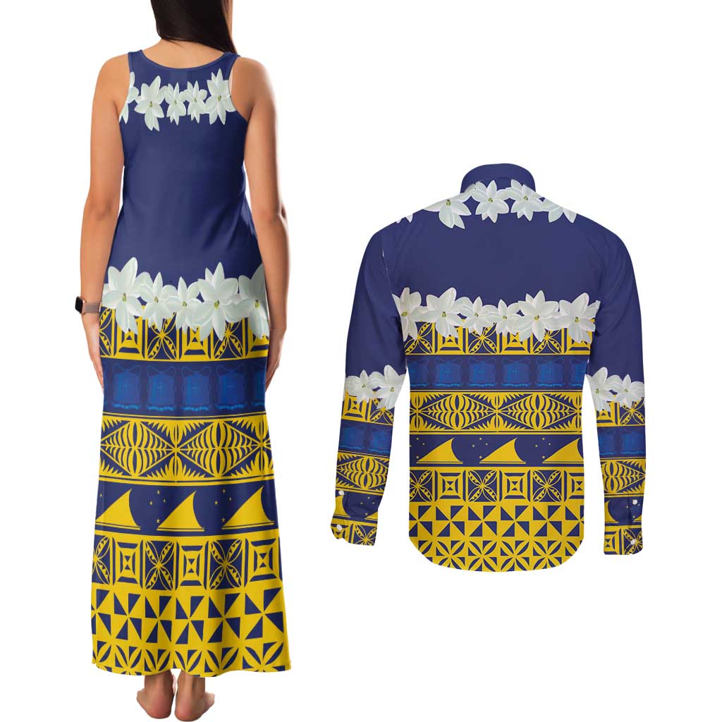Tokelau Language Week Couples Matching Tank Maxi Dress and Long Sleeve Button Shirt Tokelauan Tuluma With Gardenia Thunbergia LT14 - Polynesian Pride