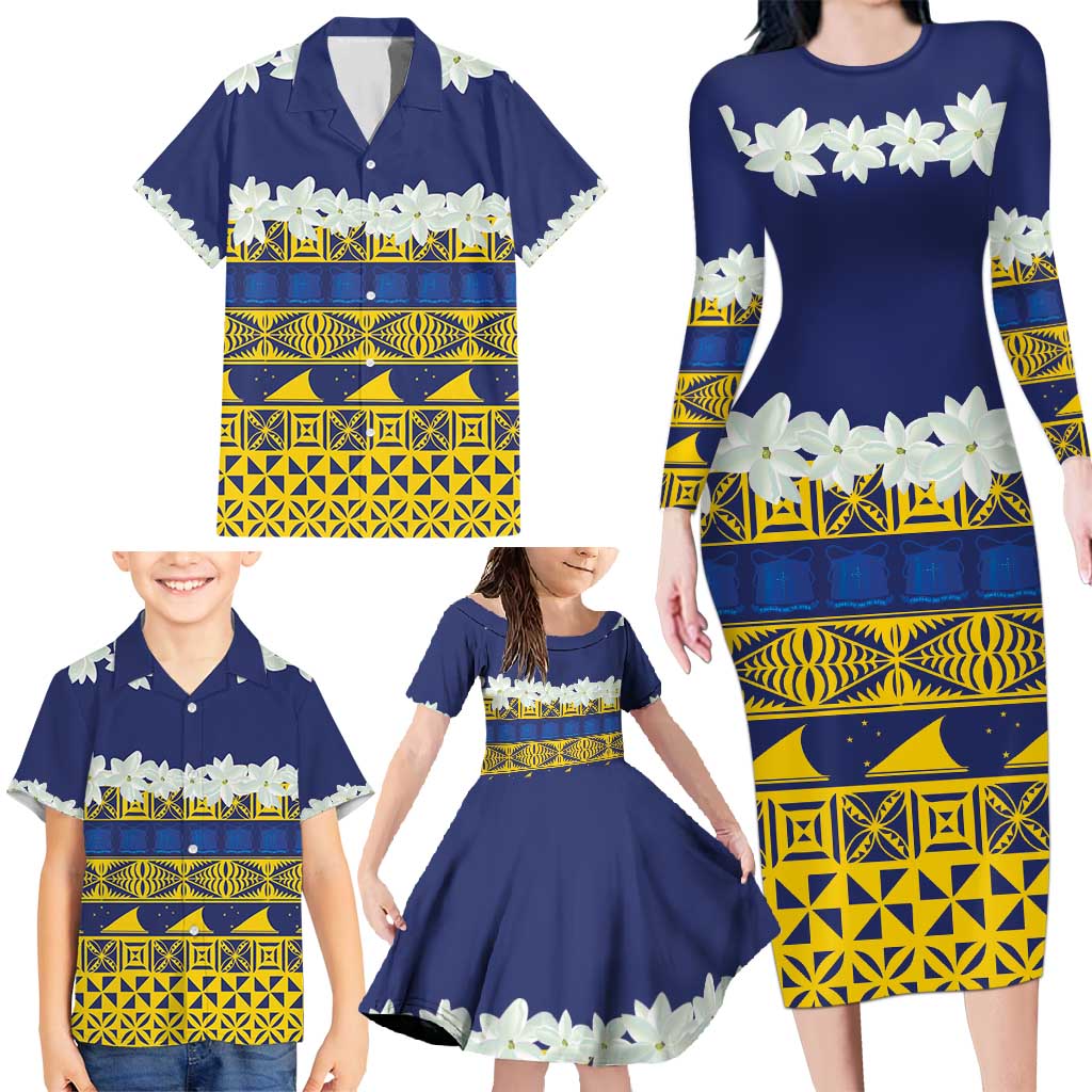 Tokelau Language Week Family Matching Long Sleeve Bodycon Dress and Hawaiian Shirt Tokelauan Tuluma With Gardenia Thunbergia LT14 - Polynesian Pride