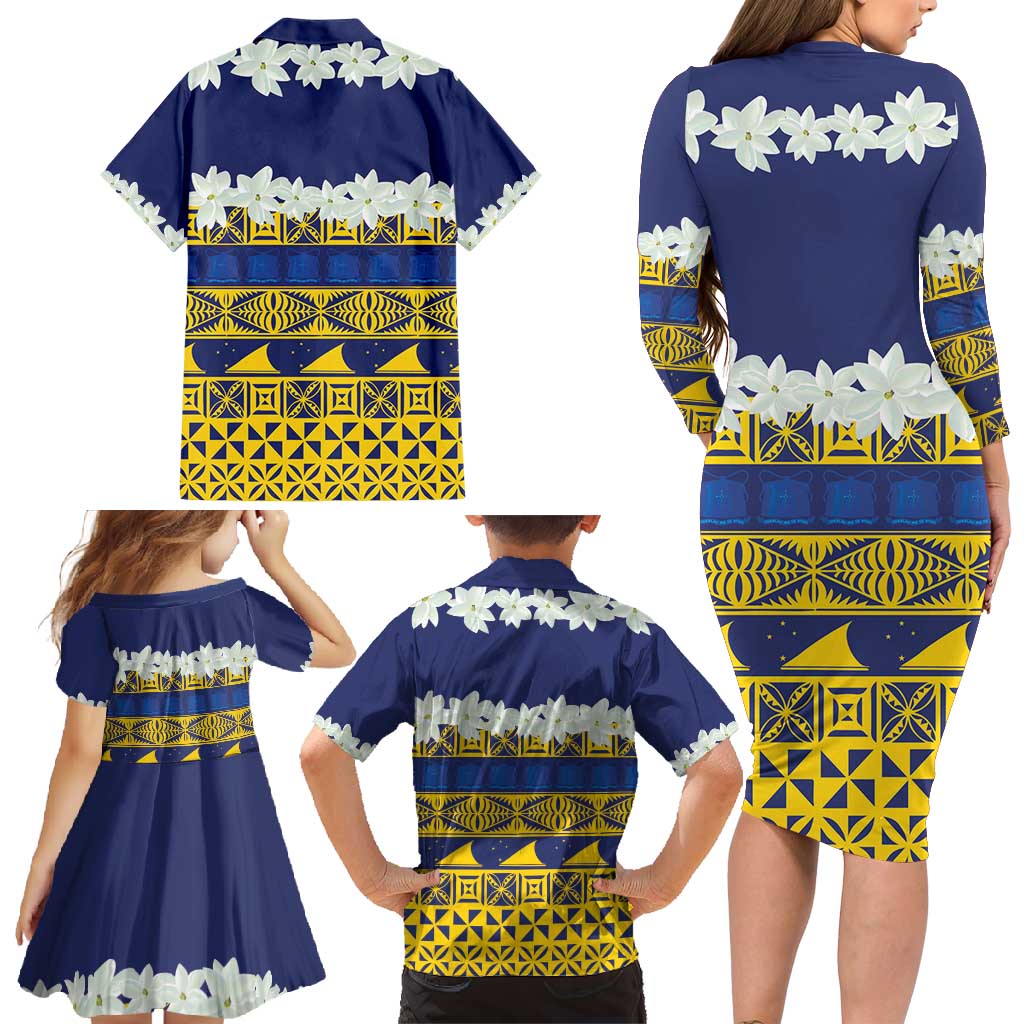 Tokelau Language Week Family Matching Long Sleeve Bodycon Dress and Hawaiian Shirt Tokelauan Tuluma With Gardenia Thunbergia LT14 - Polynesian Pride