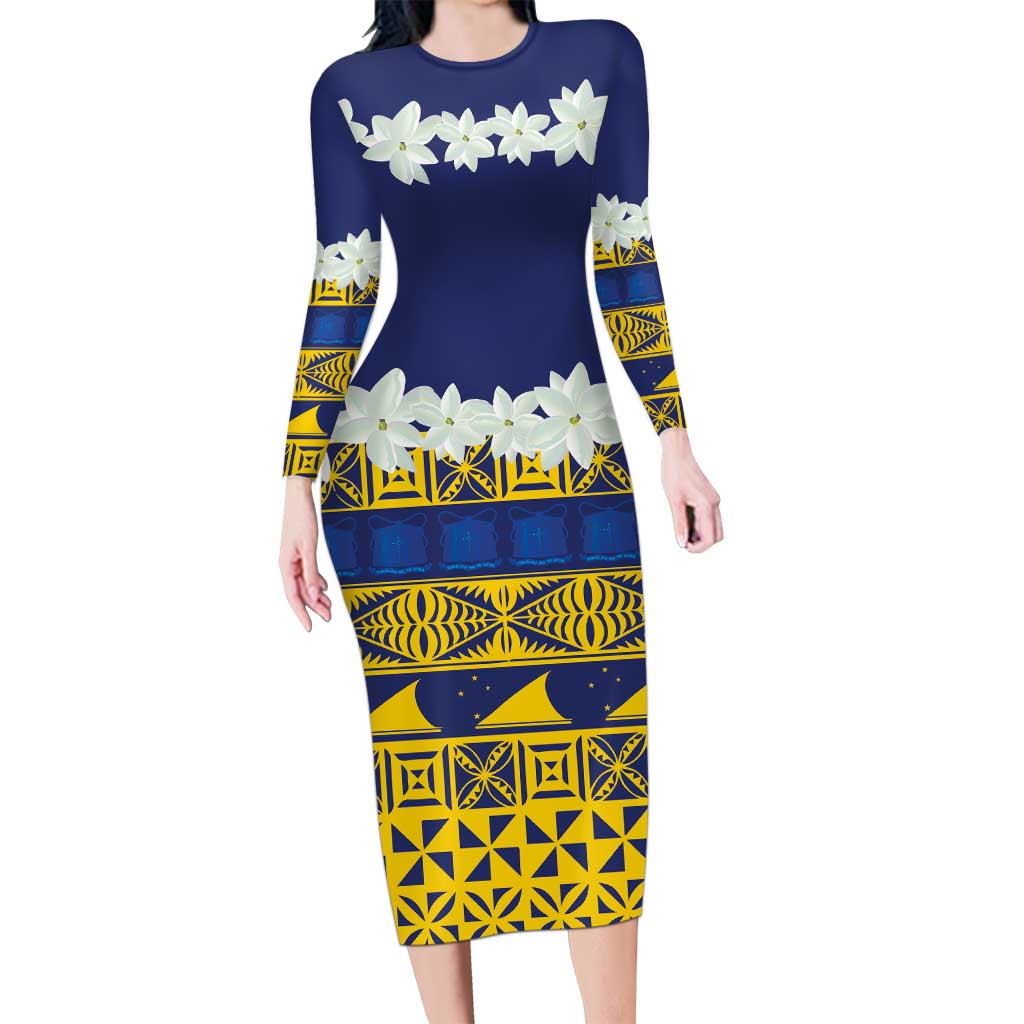 Tokelau Language Week Family Matching Long Sleeve Bodycon Dress and Hawaiian Shirt Tokelauan Tuluma With Gardenia Thunbergia LT14 Mom's Dress Blue - Polynesian Pride