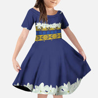 Tokelau Language Week Family Matching Mermaid Dress and Hawaiian Shirt Tokelauan Tuluma With Gardenia Thunbergia LT14 Daughter's Dress Blue - Polynesian Pride