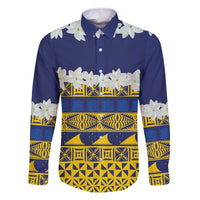 Tokelau Language Week Family Matching Off The Shoulder Long Sleeve Dress and Hawaiian Shirt Tokelauan Tuluma With Gardenia Thunbergia LT14 Dad's Shirt - Long Sleeve Blue - Polynesian Pride