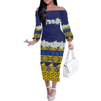 Tokelau Language Week Family Matching Off The Shoulder Long Sleeve Dress and Hawaiian Shirt Tokelauan Tuluma With Gardenia Thunbergia LT14 Mom's Dress Blue - Polynesian Pride