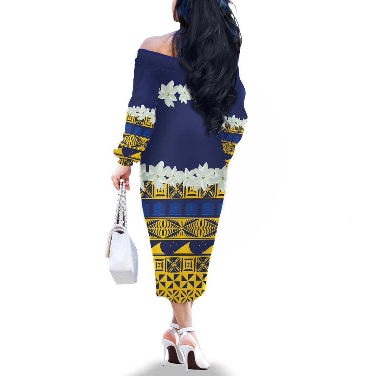 Tokelau Language Week Family Matching Off The Shoulder Long Sleeve Dress and Hawaiian Shirt Tokelauan Tuluma With Gardenia Thunbergia LT14 - Polynesian Pride