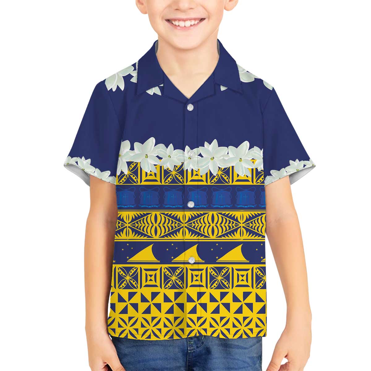 Tokelau Language Week Family Matching Off The Shoulder Long Sleeve Dress and Hawaiian Shirt Tokelauan Tuluma With Gardenia Thunbergia LT14 Son's Shirt Blue - Polynesian Pride