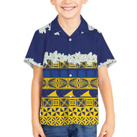Tokelau Language Week Family Matching Off The Shoulder Long Sleeve Dress and Hawaiian Shirt Tokelauan Tuluma With Gardenia Thunbergia LT14 Son's Shirt Blue - Polynesian Pride