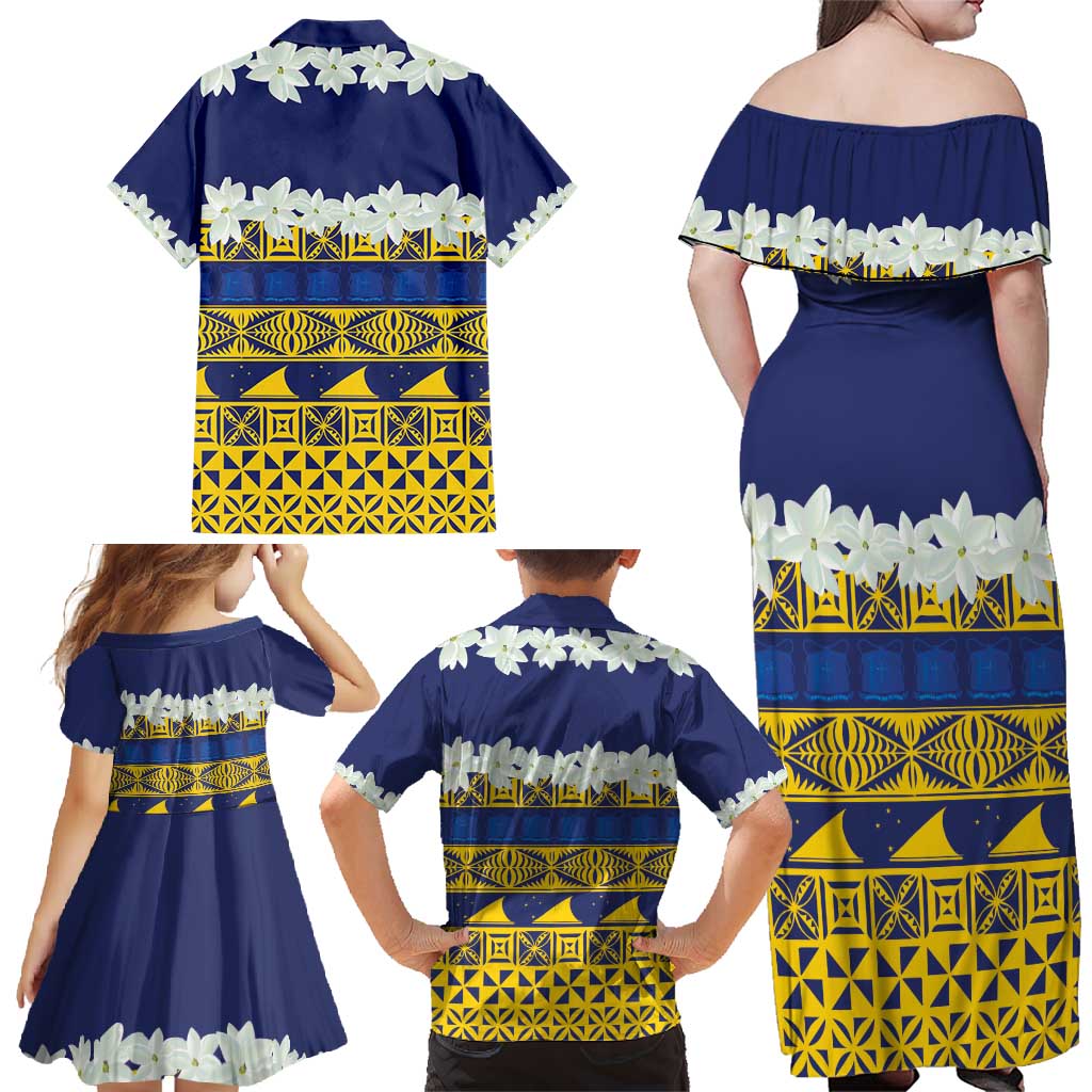 Tokelau Language Week Family Matching Off Shoulder Maxi Dress and Hawaiian Shirt Tokelauan Tuluma With Gardenia Thunbergia LT14 - Polynesian Pride