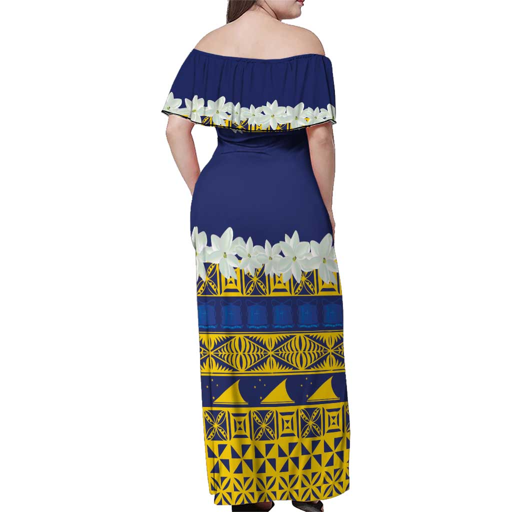 Tokelau Language Week Family Matching Off Shoulder Maxi Dress and Hawaiian Shirt Tokelauan Tuluma With Gardenia Thunbergia LT14 - Polynesian Pride
