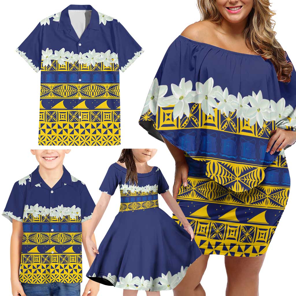 Tokelau Language Week Family Matching Off Shoulder Short Dress and Hawaiian Shirt Tokelauan Tuluma With Gardenia Thunbergia LT14 - Polynesian Pride