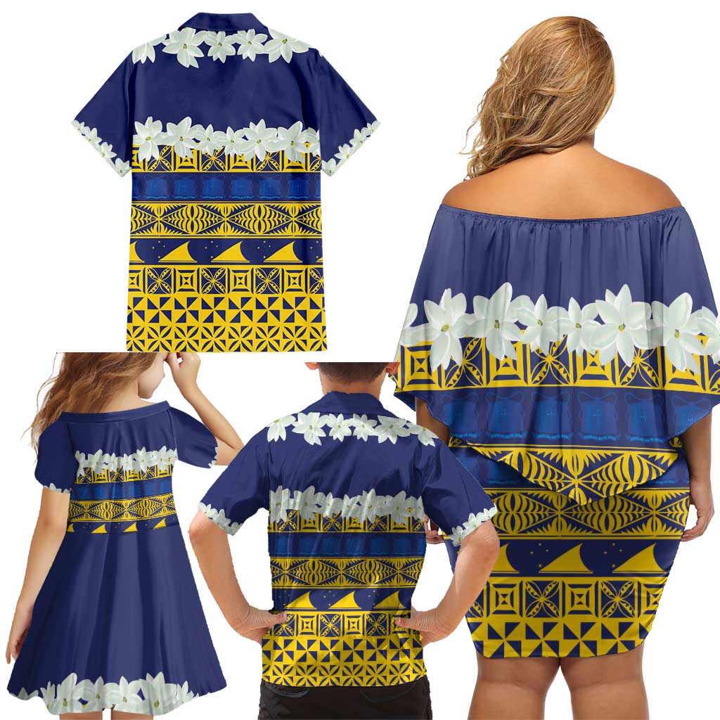 Tokelau Language Week Family Matching Off Shoulder Short Dress and Hawaiian Shirt Tokelauan Tuluma With Gardenia Thunbergia LT14 - Polynesian Pride