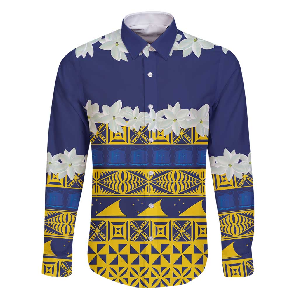 Tokelau Language Week Family Matching Off Shoulder Short Dress and Hawaiian Shirt Tokelauan Tuluma With Gardenia Thunbergia LT14 Dad's Shirt - Long Sleeve Blue - Polynesian Pride