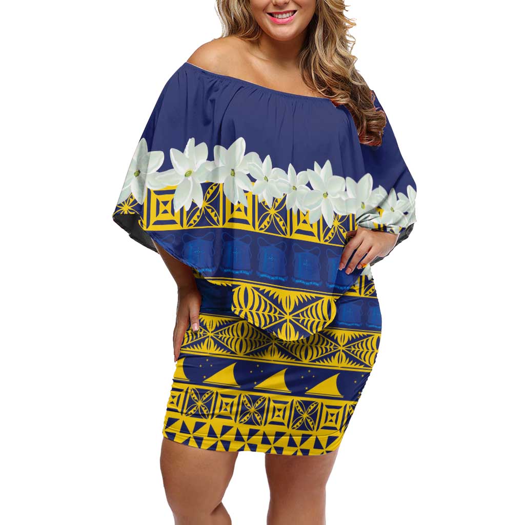 Tokelau Language Week Family Matching Off Shoulder Short Dress and Hawaiian Shirt Tokelauan Tuluma With Gardenia Thunbergia LT14 Mom's Dress Blue - Polynesian Pride