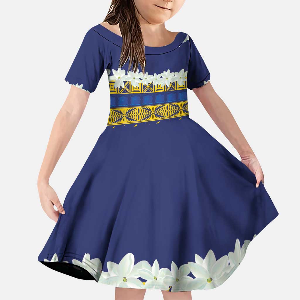 Tokelau Language Week Family Matching Puletasi and Hawaiian Shirt Tokelauan Tuluma With Gardenia Thunbergia LT14 Daughter's Dress Blue - Polynesian Pride