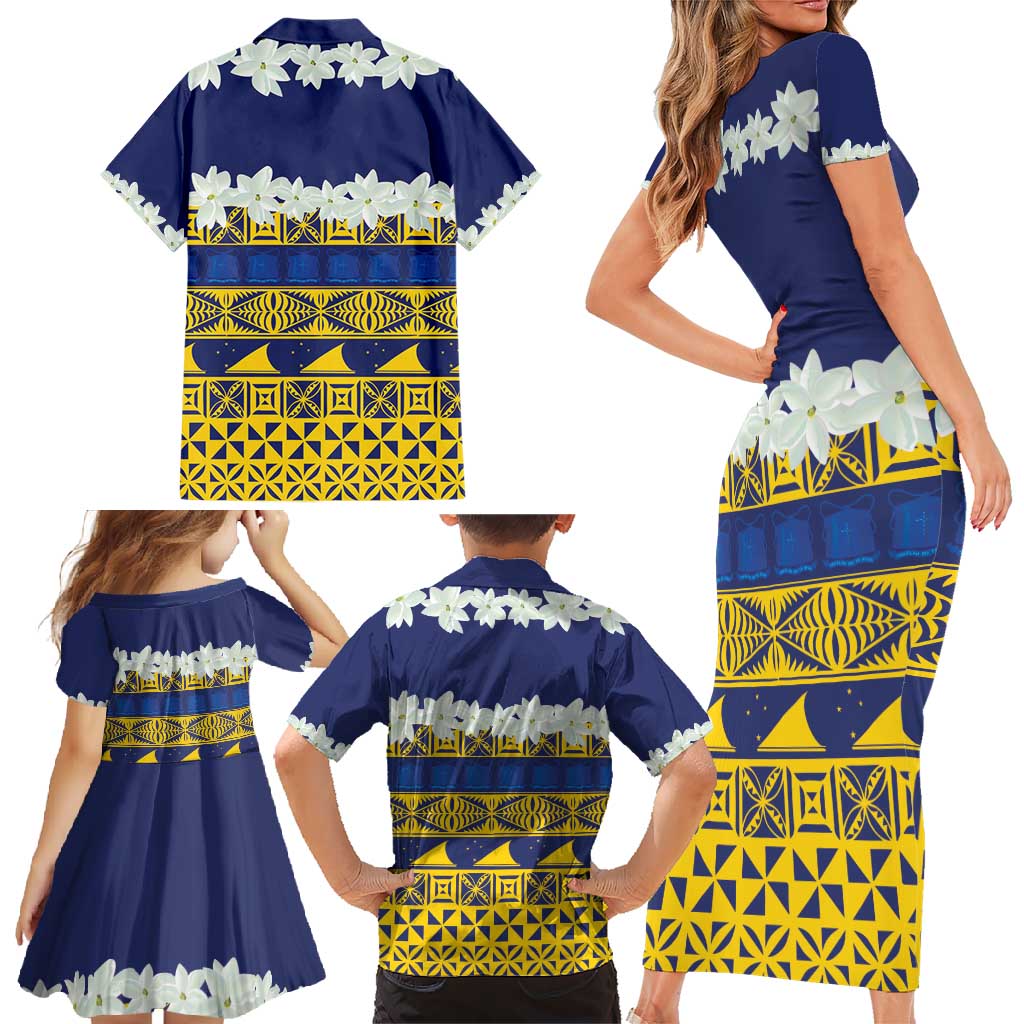 Tokelau Language Week Family Matching Short Sleeve Bodycon Dress and Hawaiian Shirt Tokelauan Tuluma With Gardenia Thunbergia LT14 - Polynesian Pride