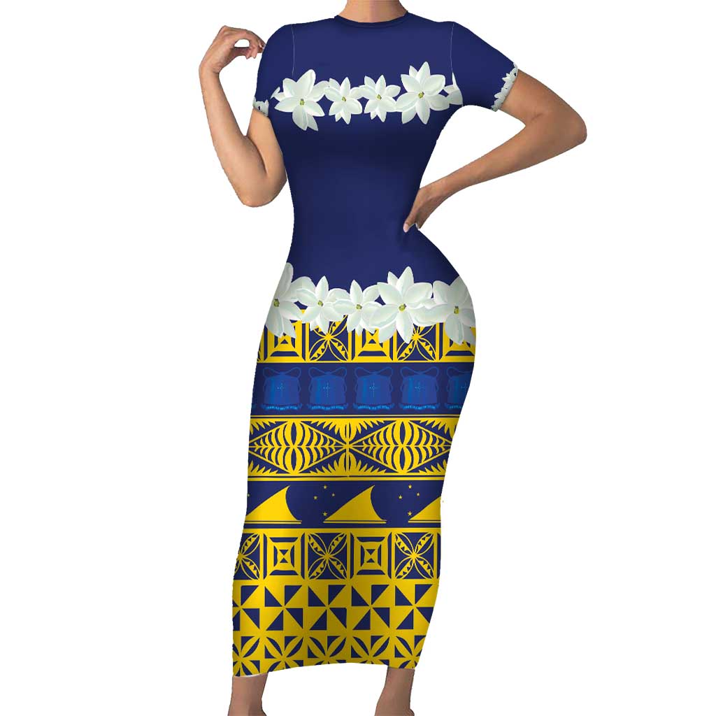 Tokelau Language Week Family Matching Short Sleeve Bodycon Dress and Hawaiian Shirt Tokelauan Tuluma With Gardenia Thunbergia LT14 Mom's Dress Blue - Polynesian Pride