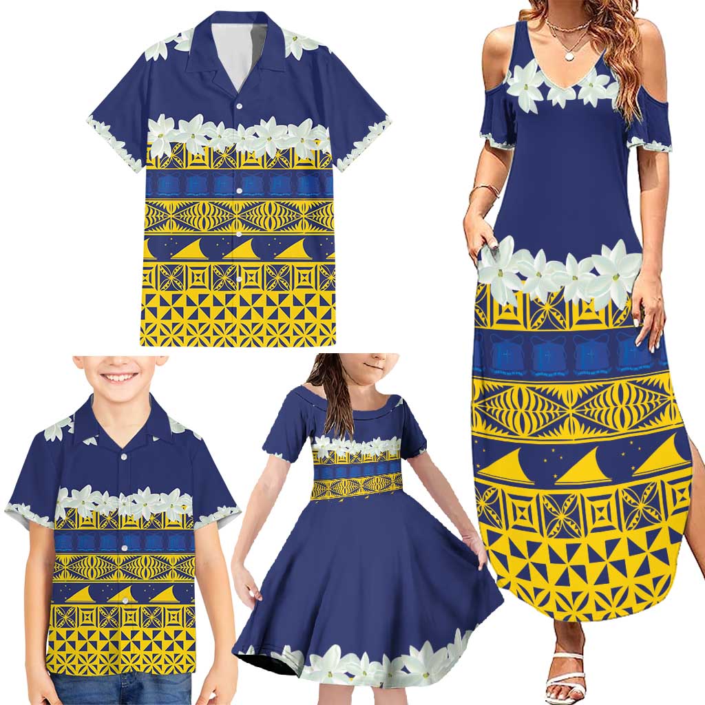 Tokelau Language Week Family Matching Summer Maxi Dress and Hawaiian Shirt Tokelauan Tuluma With Gardenia Thunbergia LT14 - Polynesian Pride