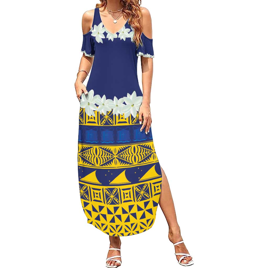 Tokelau Language Week Family Matching Summer Maxi Dress and Hawaiian Shirt Tokelauan Tuluma With Gardenia Thunbergia LT14 Mom's Dress Blue - Polynesian Pride
