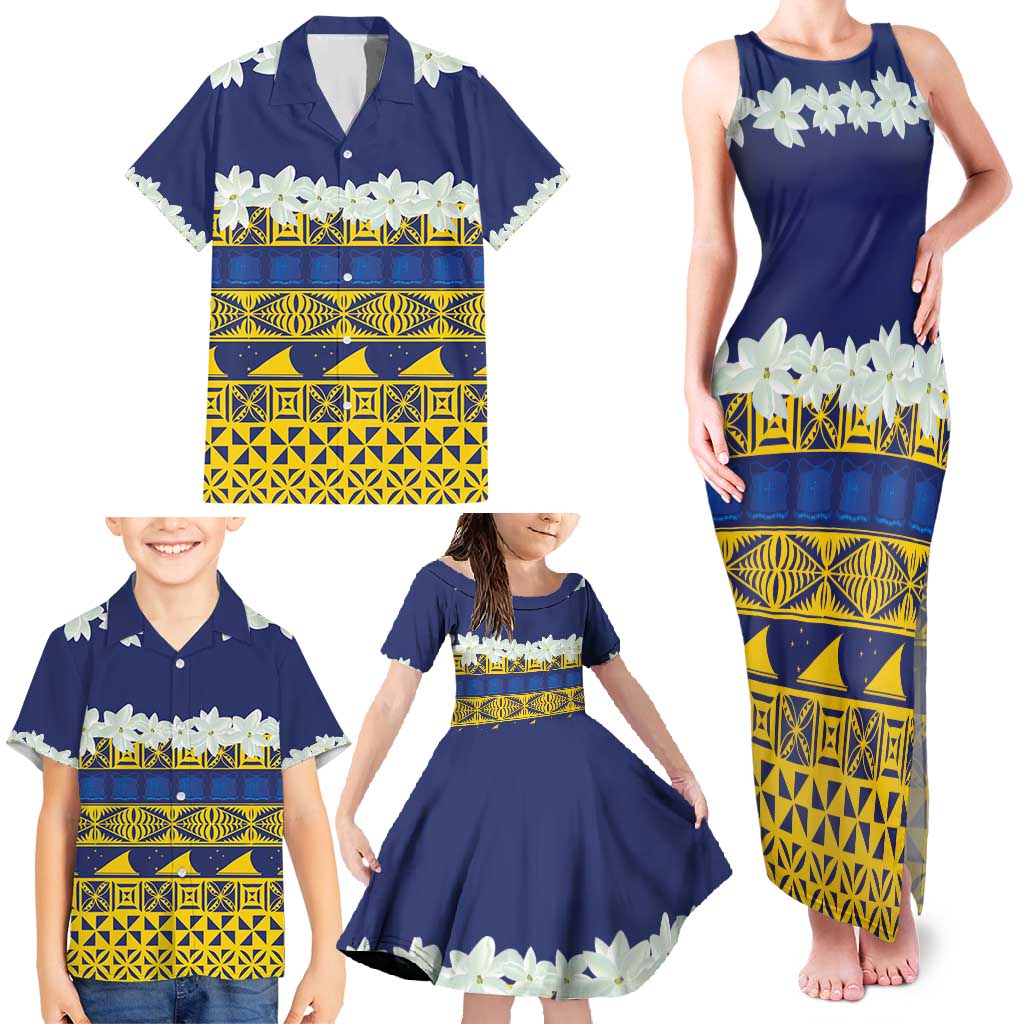 Tokelau Language Week Family Matching Tank Maxi Dress and Hawaiian Shirt Tokelauan Tuluma With Gardenia Thunbergia LT14 - Polynesian Pride