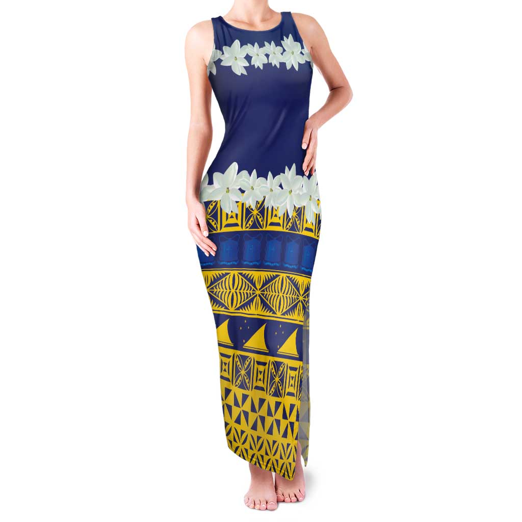Tokelau Language Week Family Matching Tank Maxi Dress and Hawaiian Shirt Tokelauan Tuluma With Gardenia Thunbergia LT14 Mom's Dress Blue - Polynesian Pride