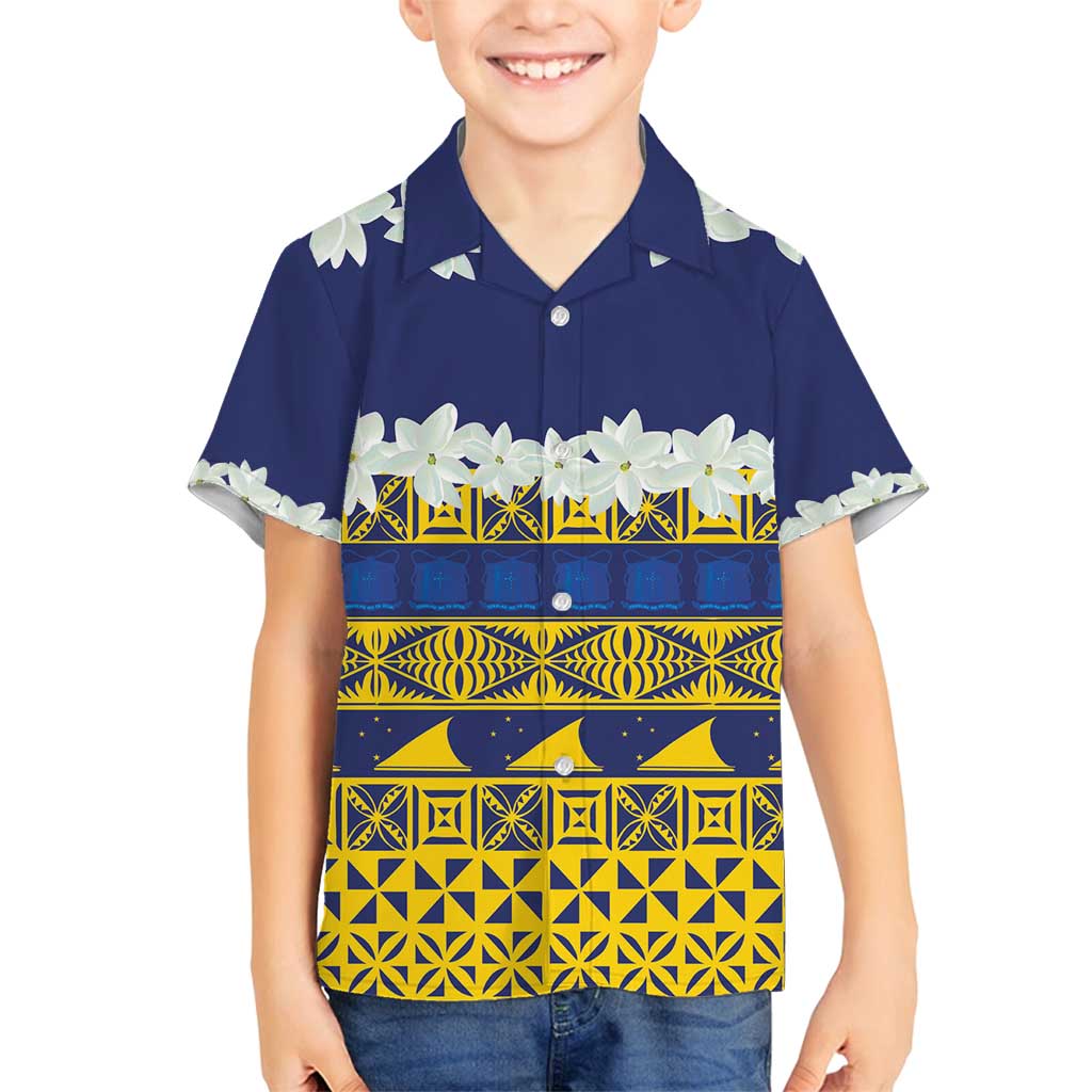 Tokelau Language Week Family Matching Tank Maxi Dress and Hawaiian Shirt Tokelauan Tuluma With Gardenia Thunbergia LT14 Son's Shirt Blue - Polynesian Pride