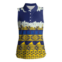 Tokelau Language Week Women Sleeveless Polo Shirt Tokelauan Tuluma With Gardenia Thunbergia LT14 Female Blue - Polynesian Pride