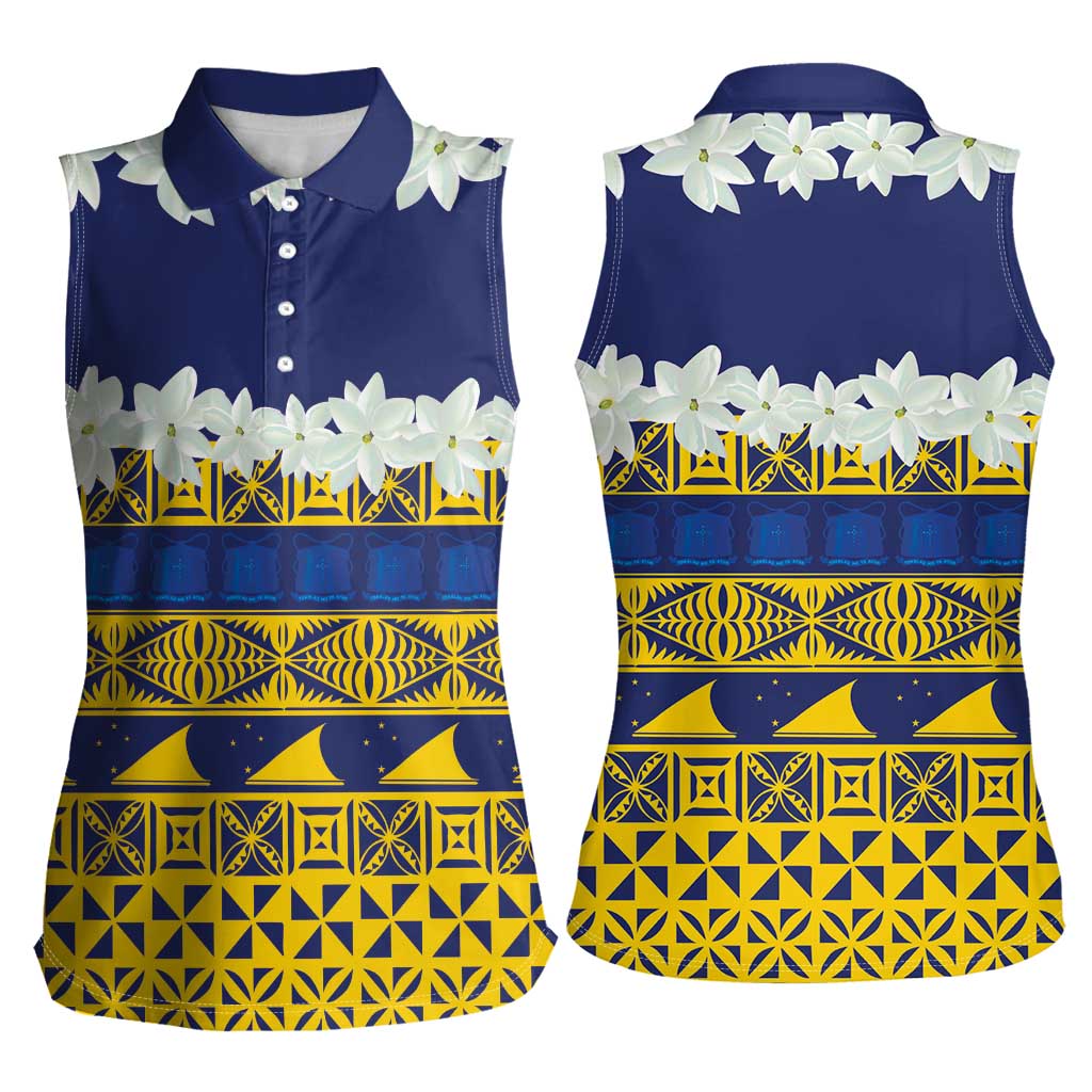 Tokelau Language Week Women Sleeveless Polo Shirt Tokelauan Tuluma With Gardenia Thunbergia LT14 - Polynesian Pride