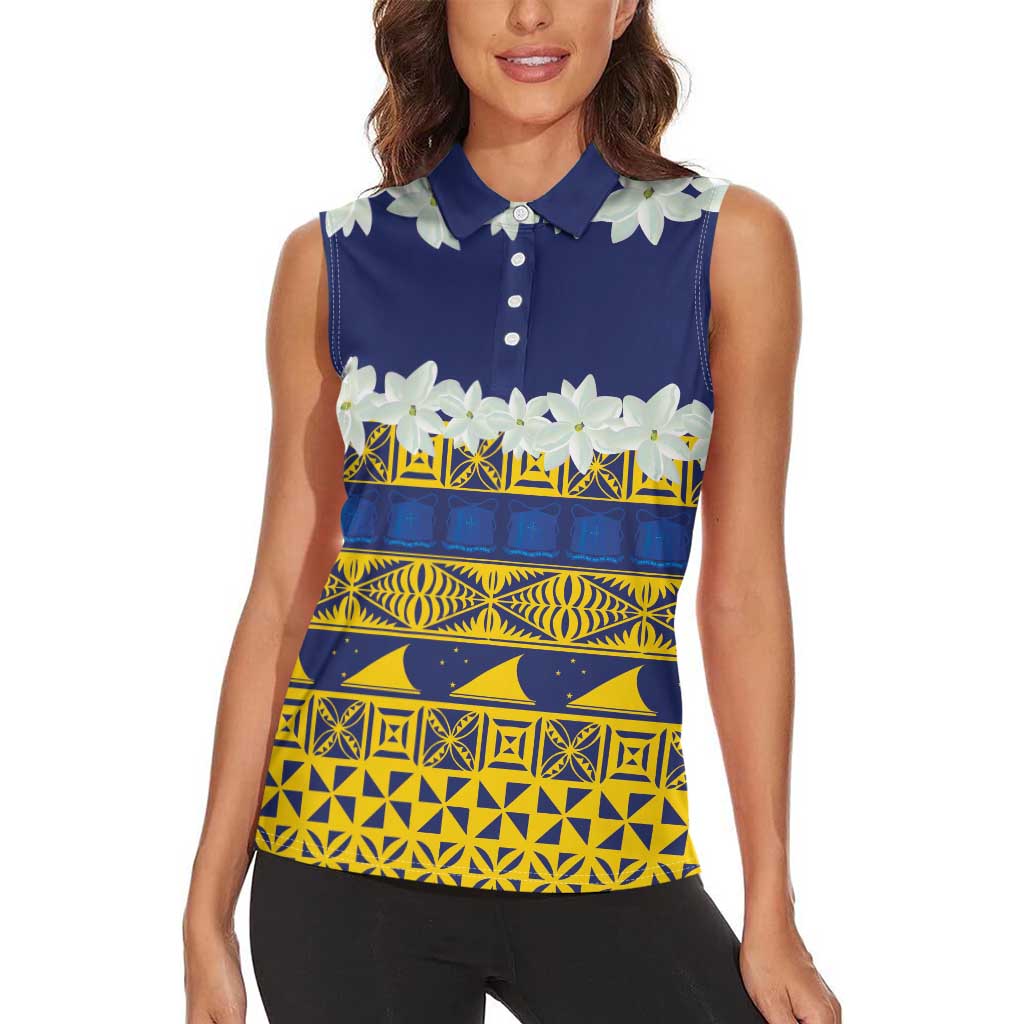 Tokelau Language Week Women Sleeveless Polo Shirt Tokelauan Tuluma With Gardenia Thunbergia LT14 - Polynesian Pride